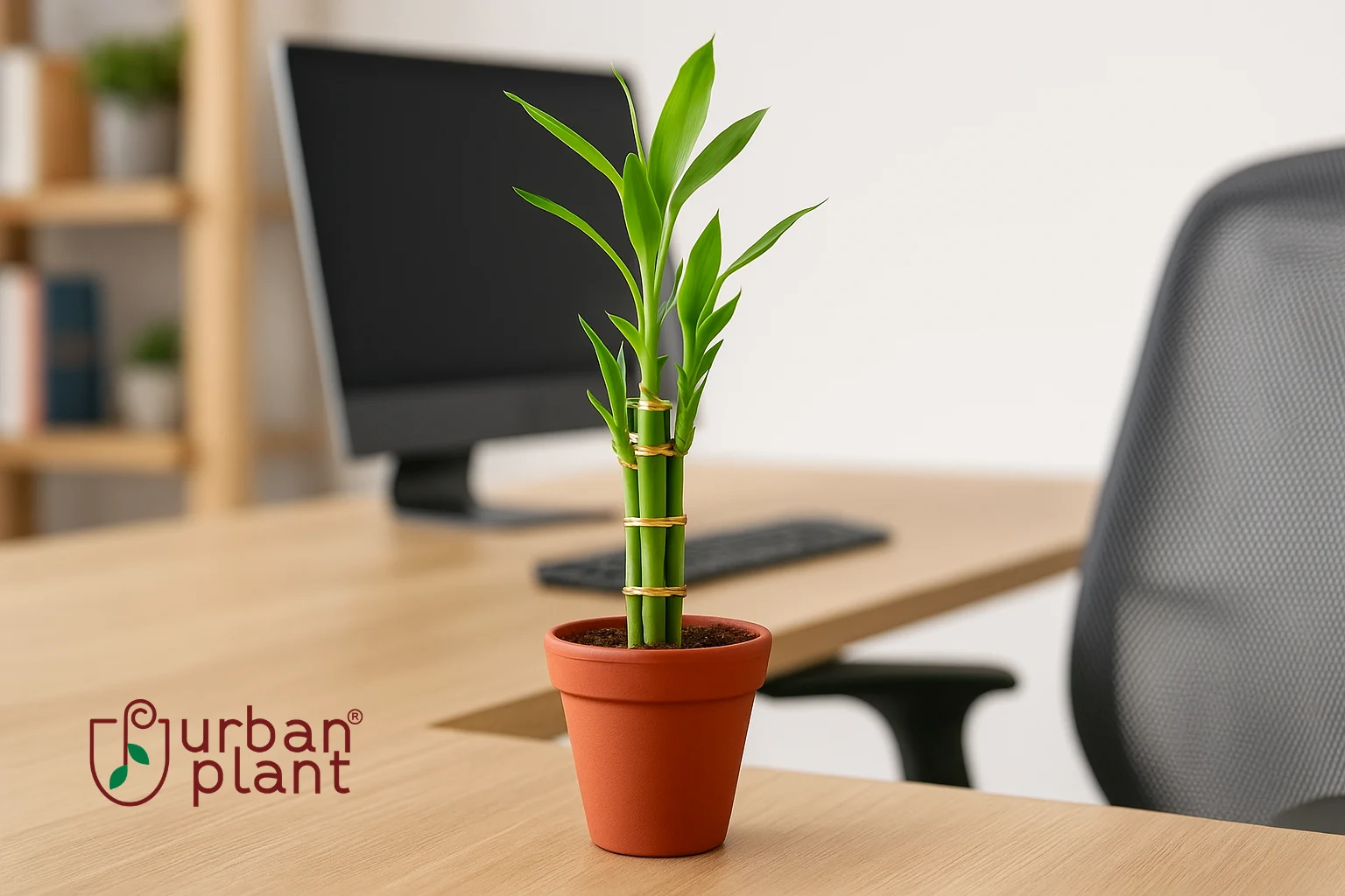 Lucky Bamboo (Dracaena sanderiana) – vastu-friendly desk charm office plant in terracotta pot with golden bands, perfect for prosperity – Urban Plant